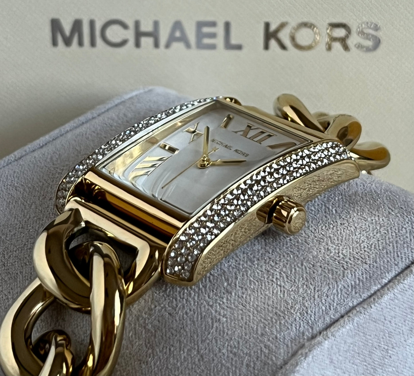 Michael Kors Women’s Oversized Emery Pavé Gold-Tone Curb Link Watch
