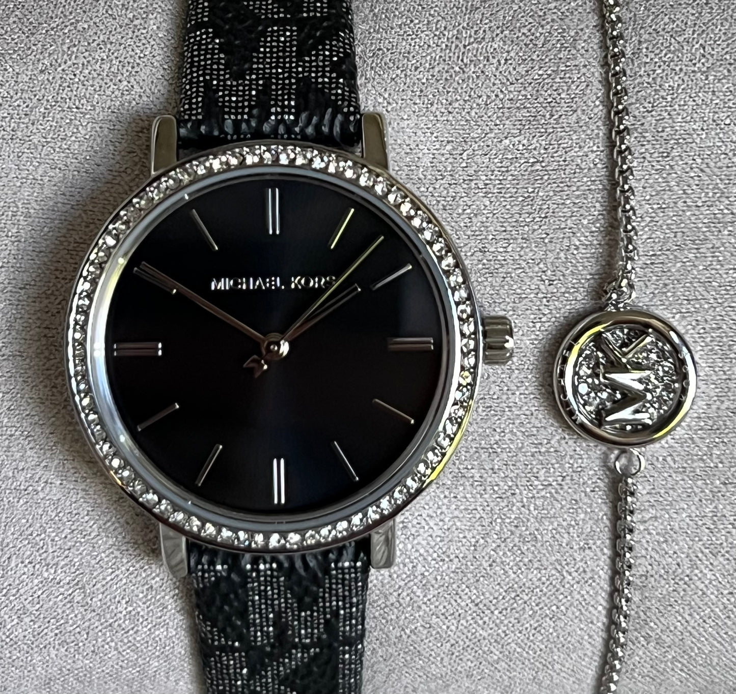 Michael Kors Three-Hand Black and Silver Metallic PVC Watch and Jewelry Set