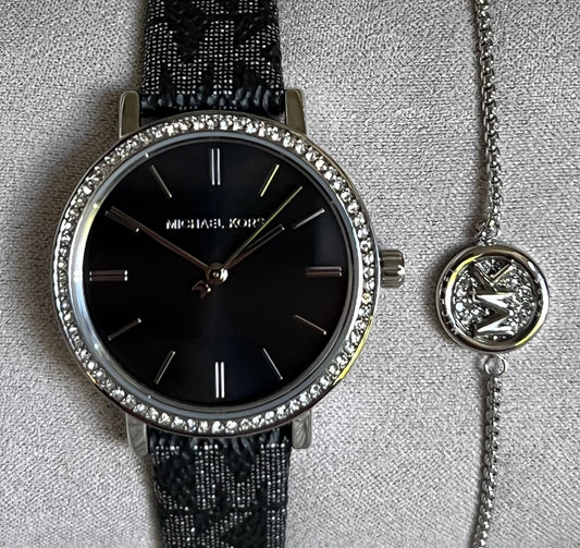 Michael Kors Three-Hand Black and Silver Metallic PVC Watch and Jewelry Set