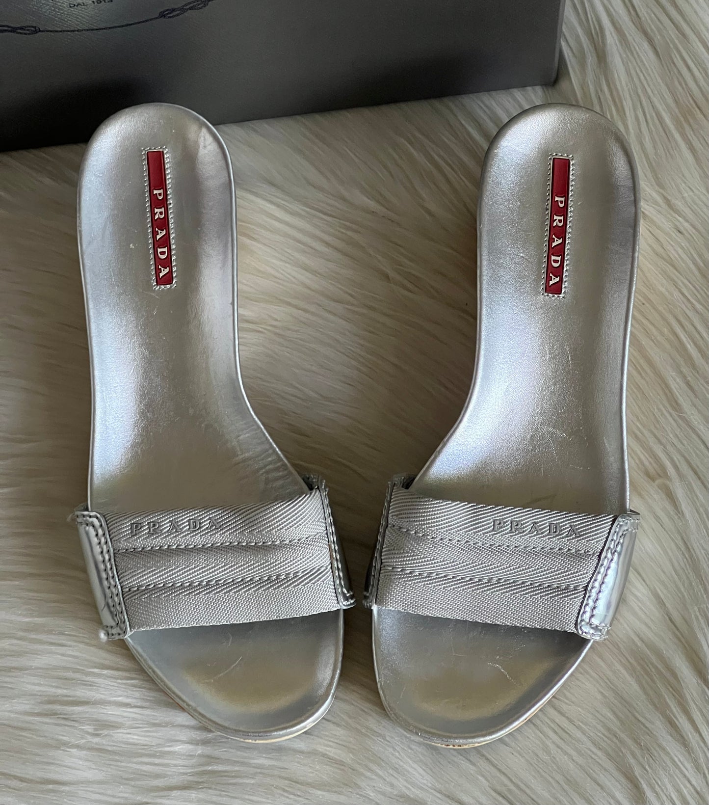 Prada Silver Wooden Mule Sandals