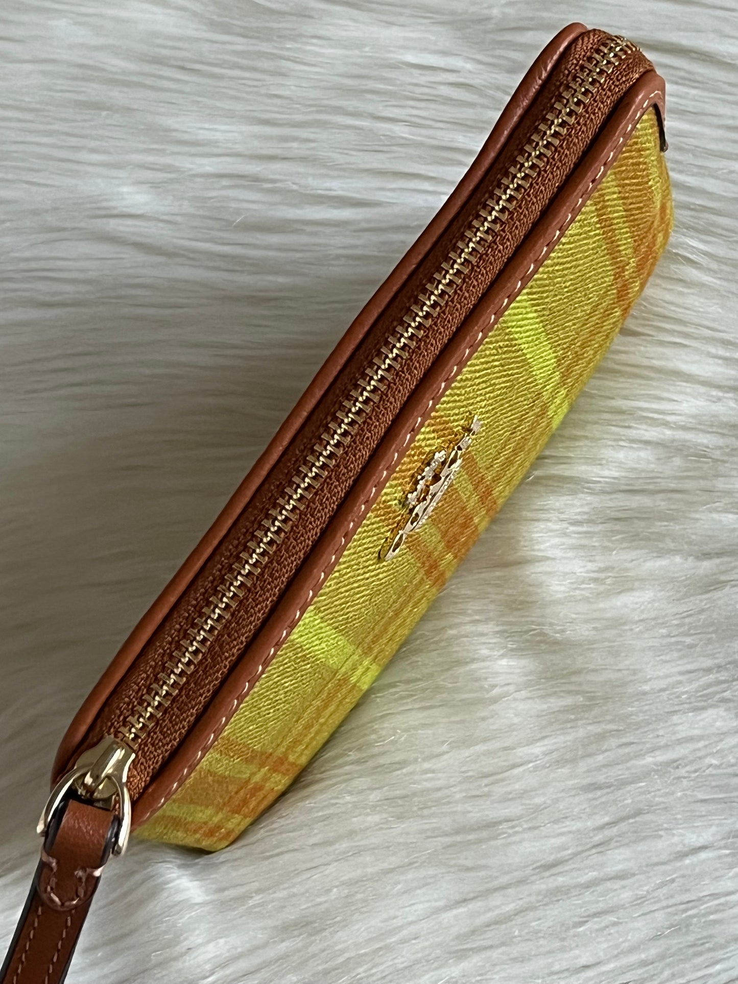 Coach Corner Zip Wristlet In Regenerative Cotton With Plaid Print