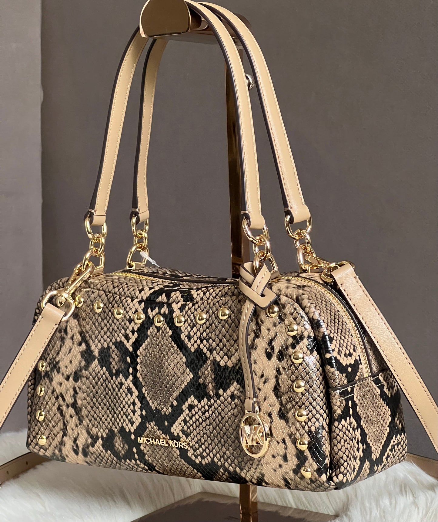 Michael Kors Cecily Small Studded Snake Embossed Shoulder Bag