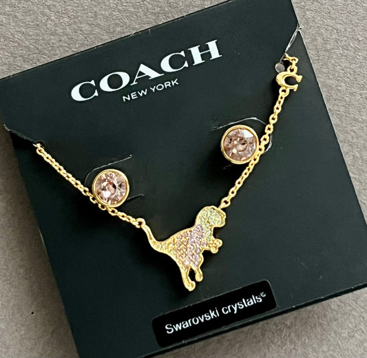 Coach Pave Rexy Pendant Necklace And Stud Earrings Set