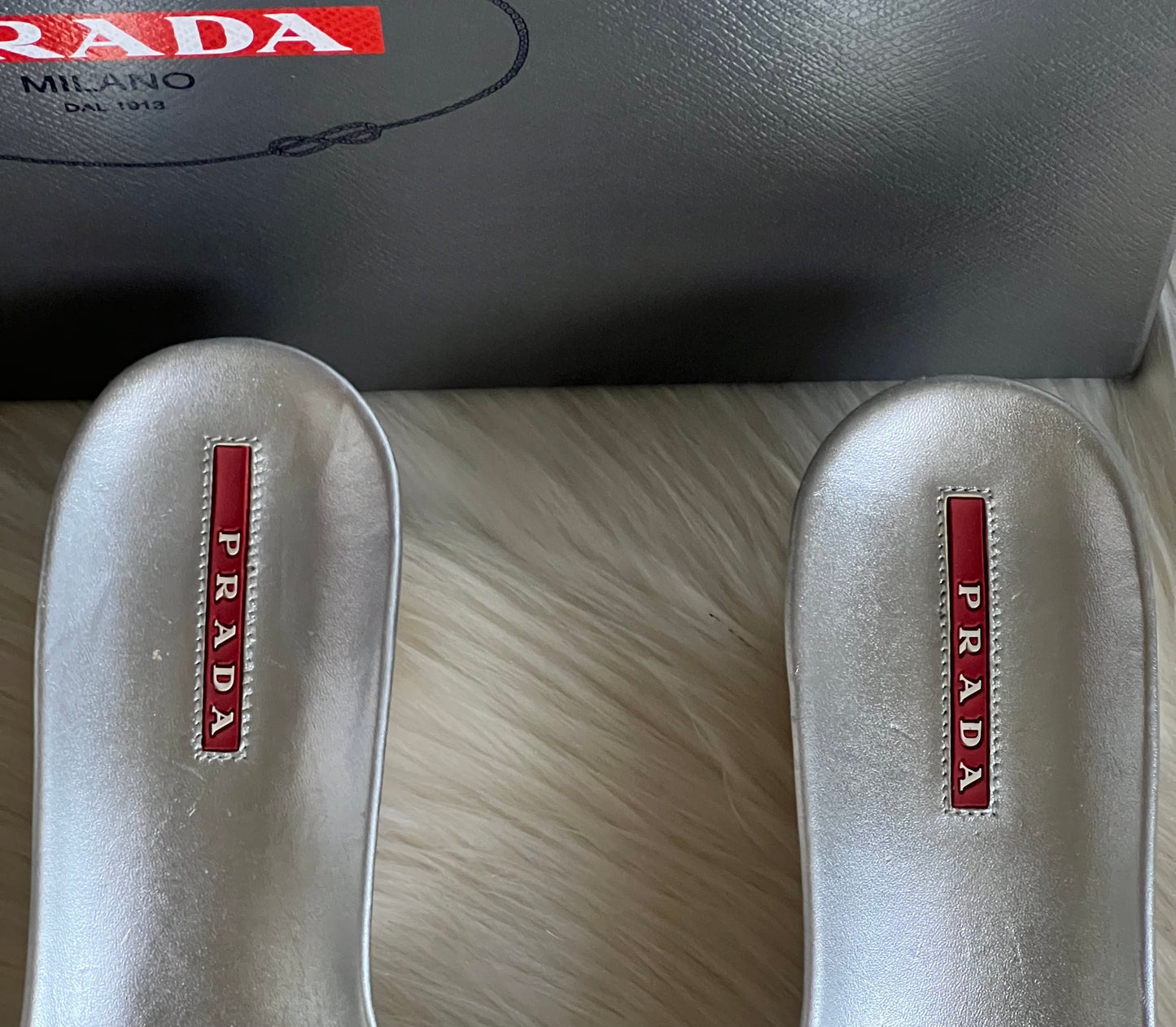 Prada Silver Wooden Mule Sandals
