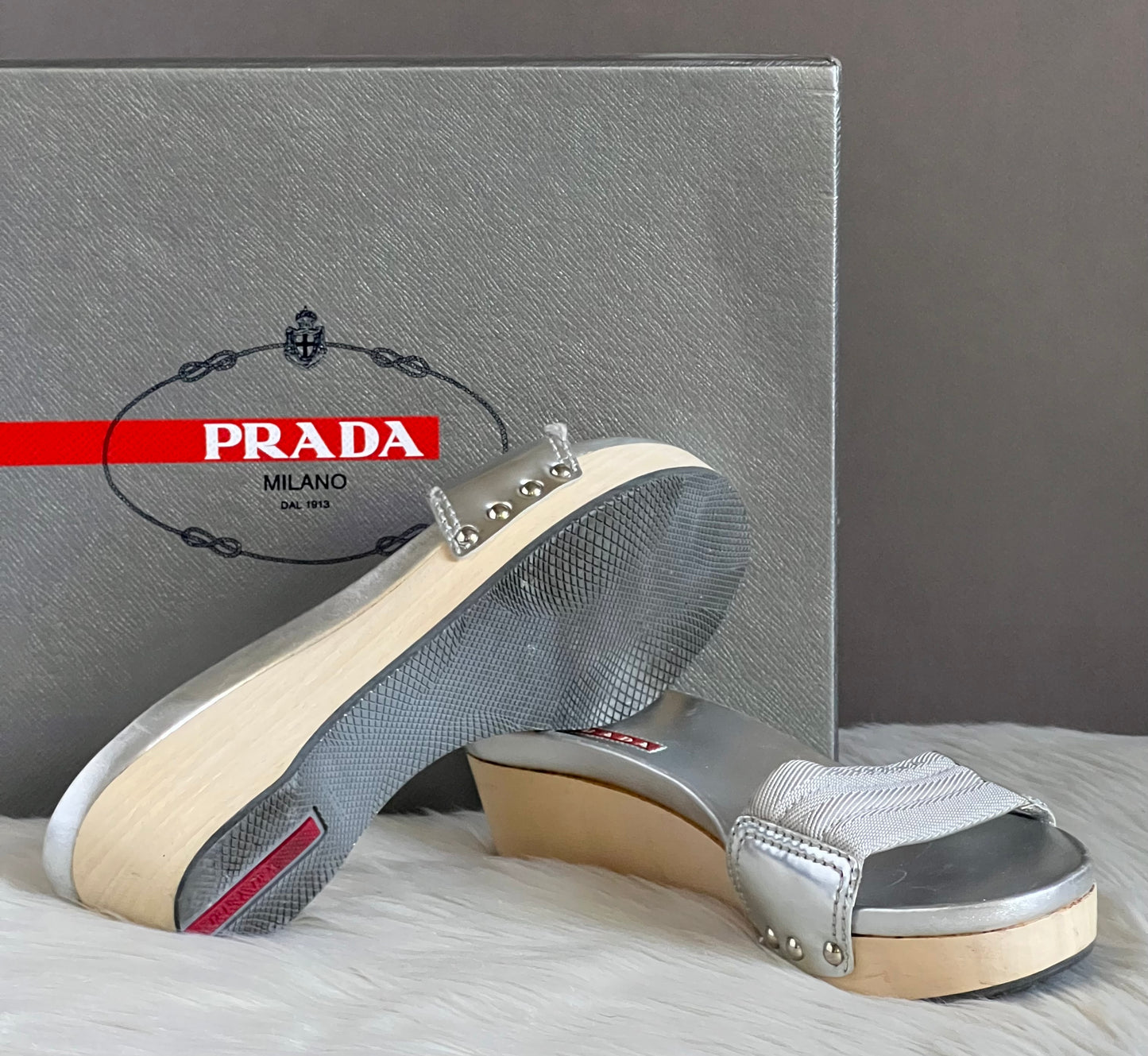 Prada Silver Wooden Mule Sandals