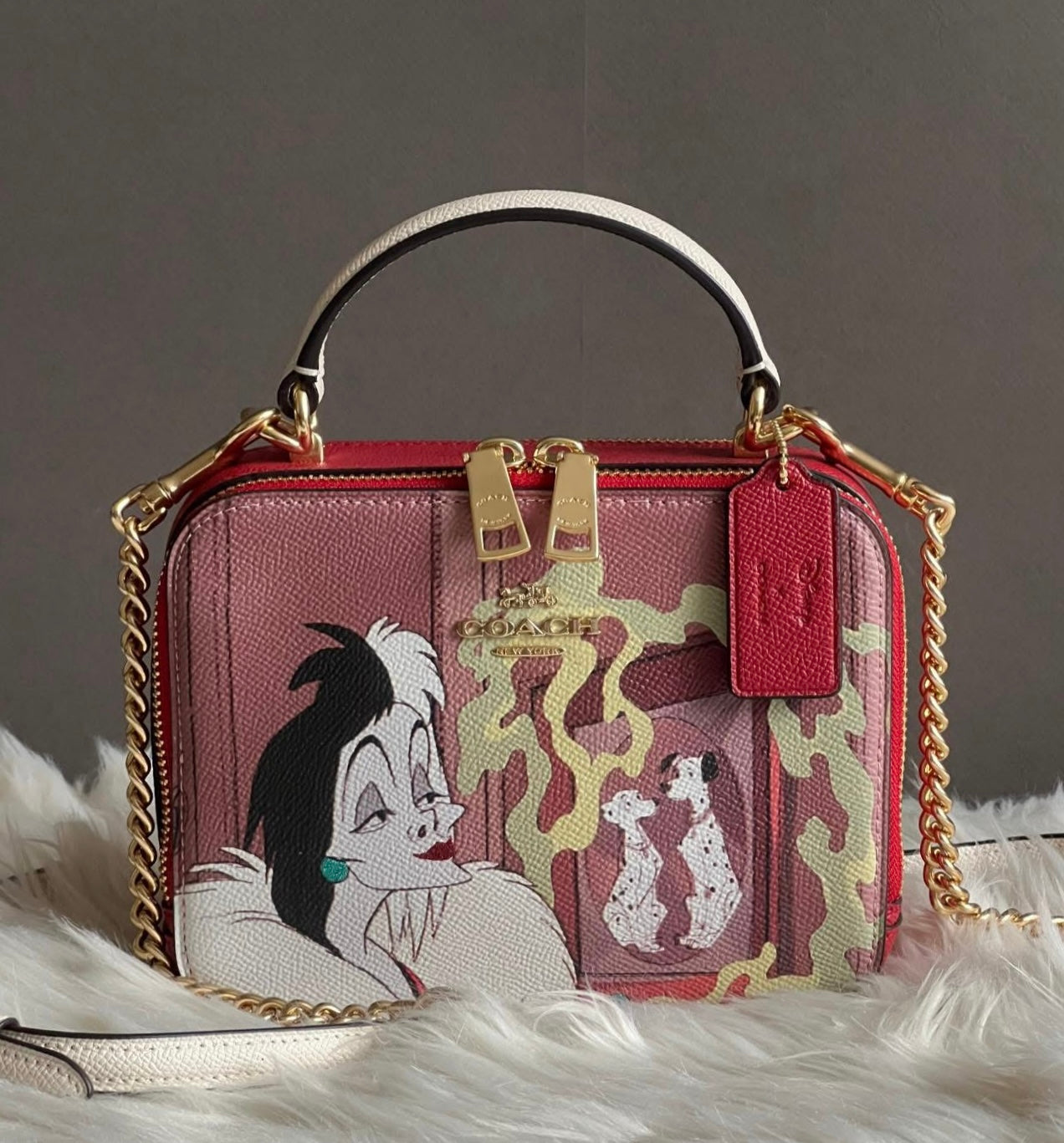 Disney X Coach Box Crossbody with Cruella Motif