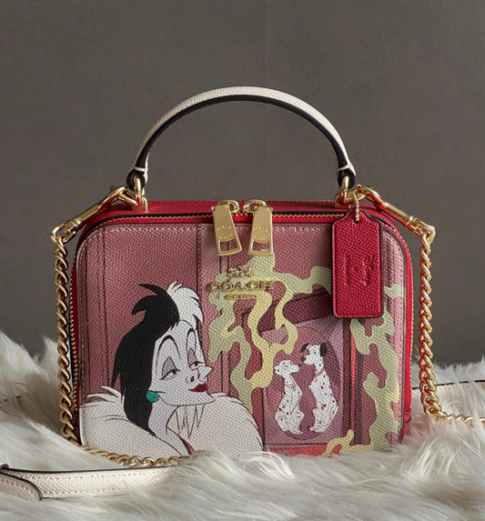 Disney X Coach Box Crossbody with Cruella Motif