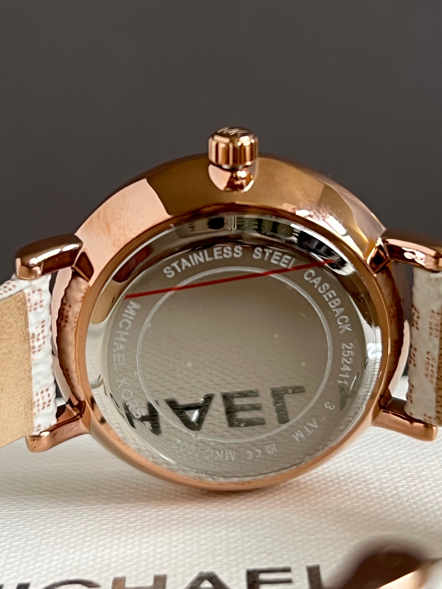 Michael Kors Three-Hand Rose Gold and Vanilla Metallic PVC Watch and Jewelry Set