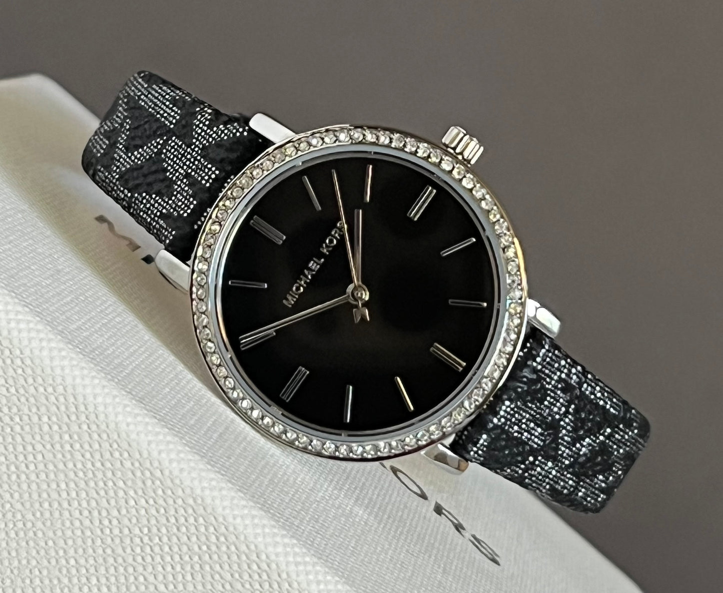 Michael Kors Three-Hand Black and Silver Metallic PVC Watch and Jewelry Set