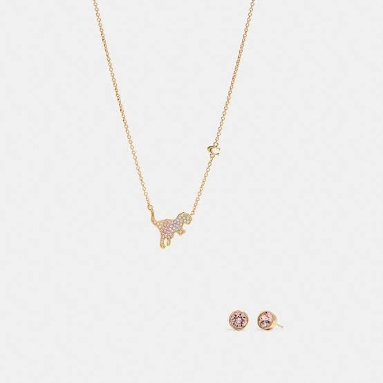 Coach Pave Rexy Pendant Necklace And Stud Earrings Set