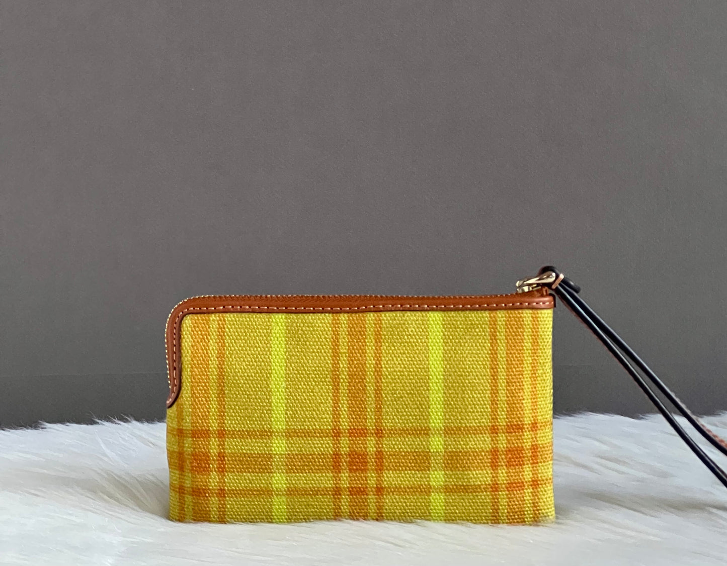 Coach Corner Zip Wristlet In Regenerative Cotton With Plaid Print