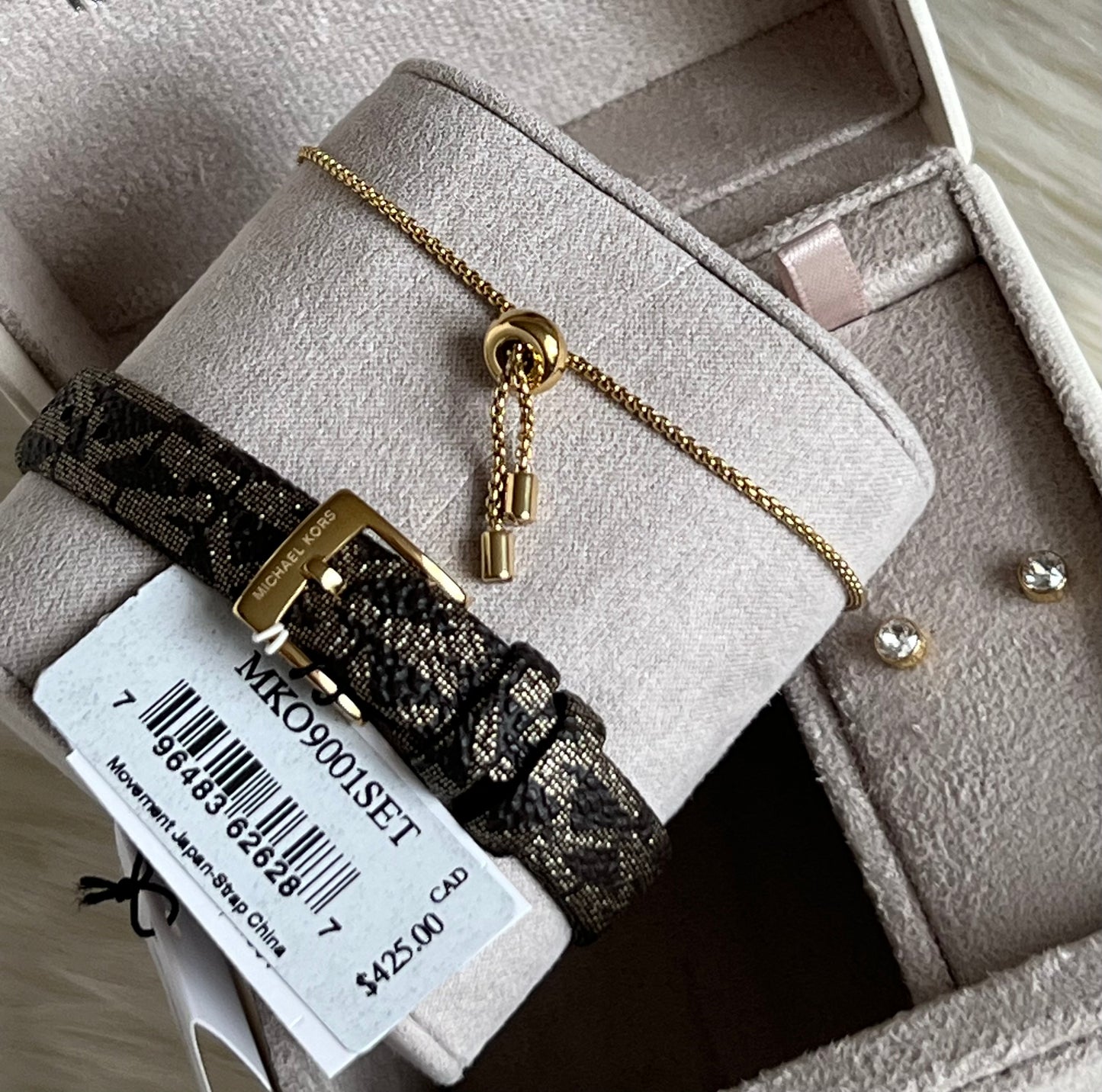 Michael Kors Women’s Addyson Quartz Crystal Gold Dial Ladies Watch and Jewelry Set
