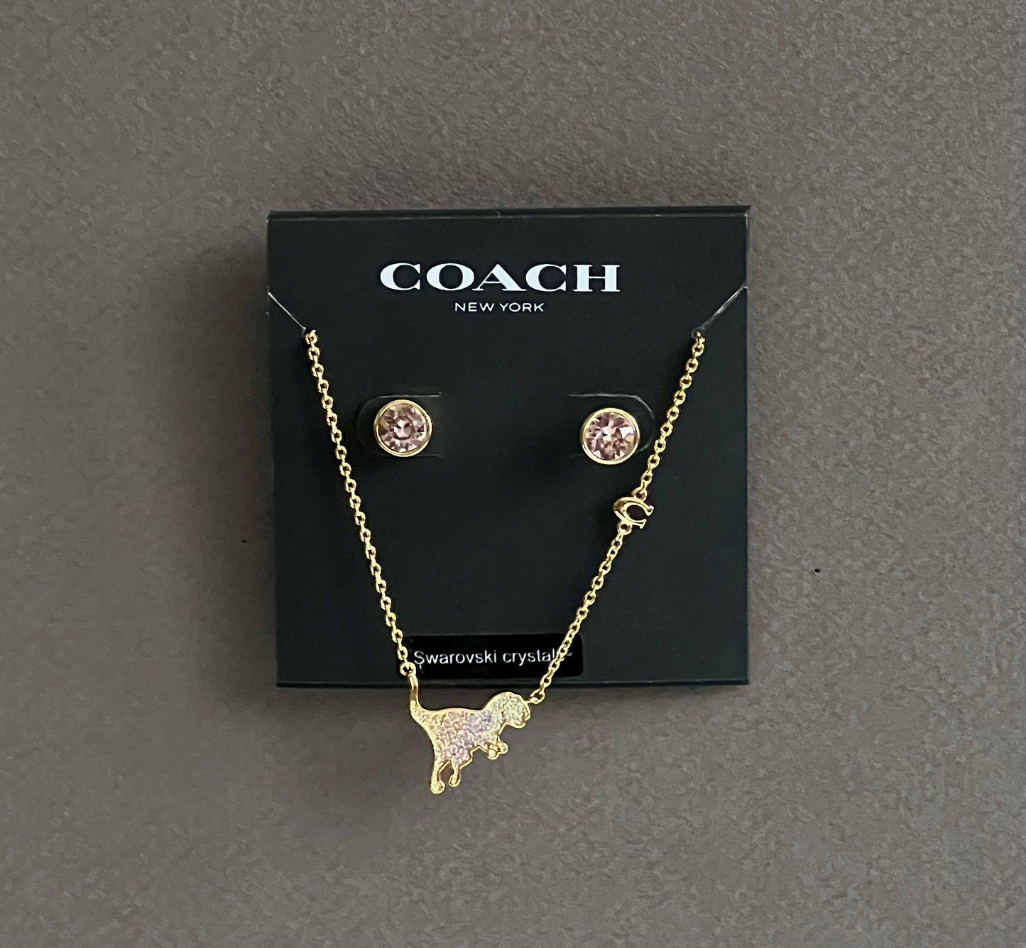 Coach Pave Rexy Pendant Necklace And Stud Earrings Set