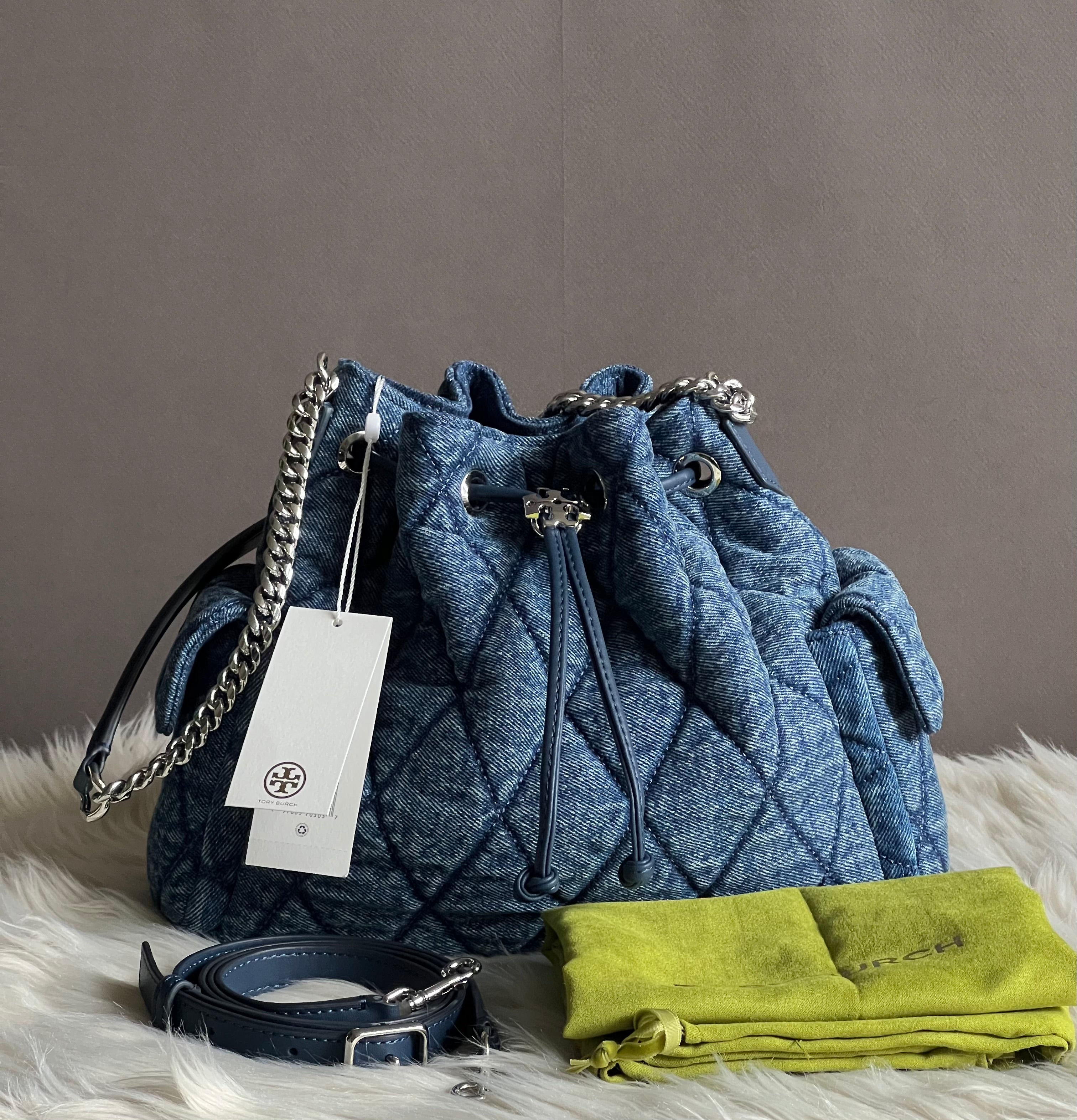 Tory Burch Charlie Quilted Denim Drawstring Shoulder Bag – Club de