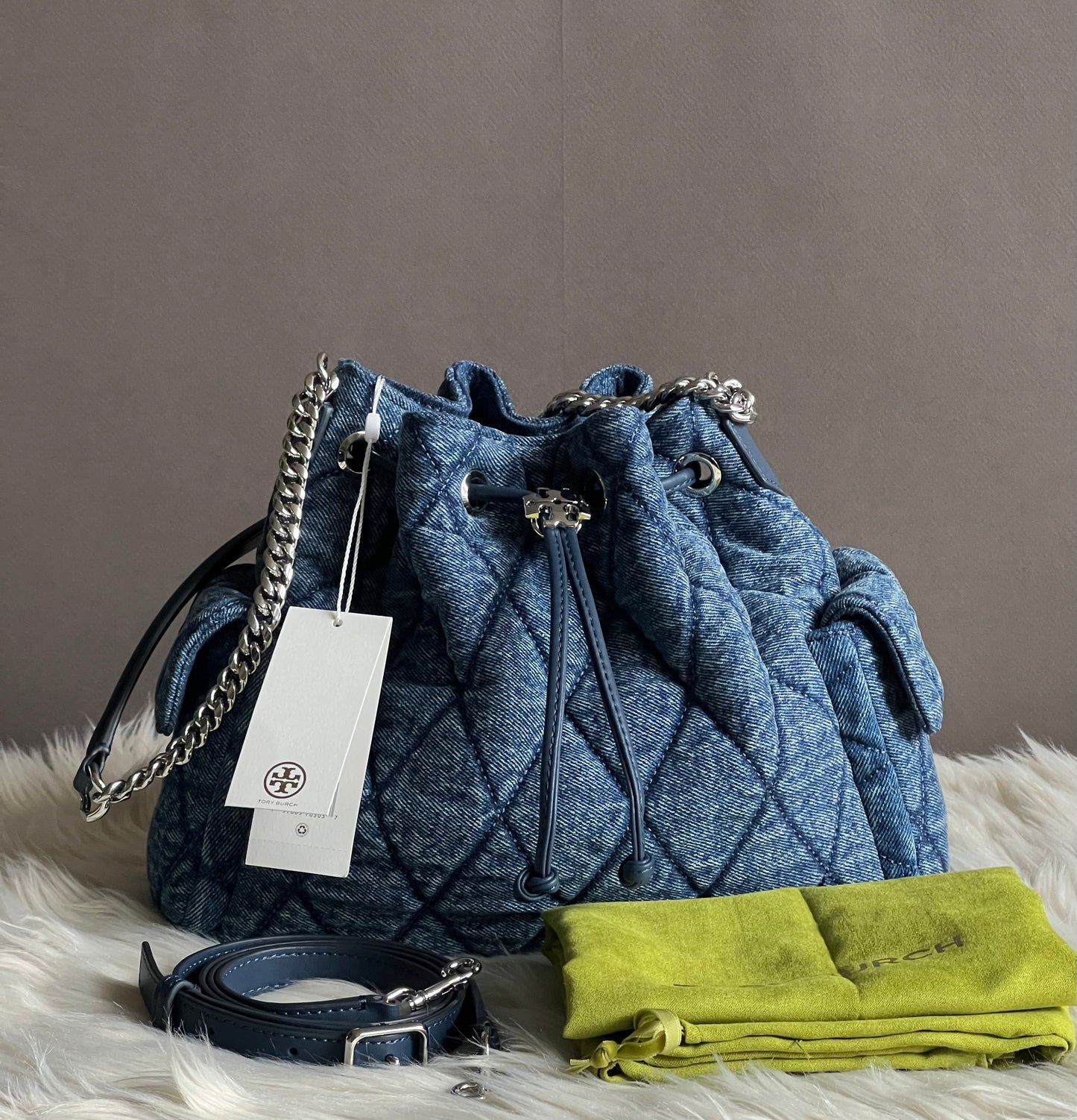 Tory Burch Charlie Quilted Denim Drawstring Shoulder Bag