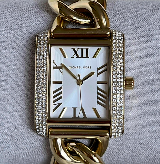 Michael Kors Women’s Oversized Emery Pavé Gold-Tone Curb Link Watch