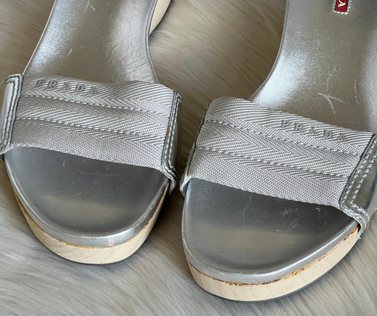 Prada Silver Wooden Mule Sandals