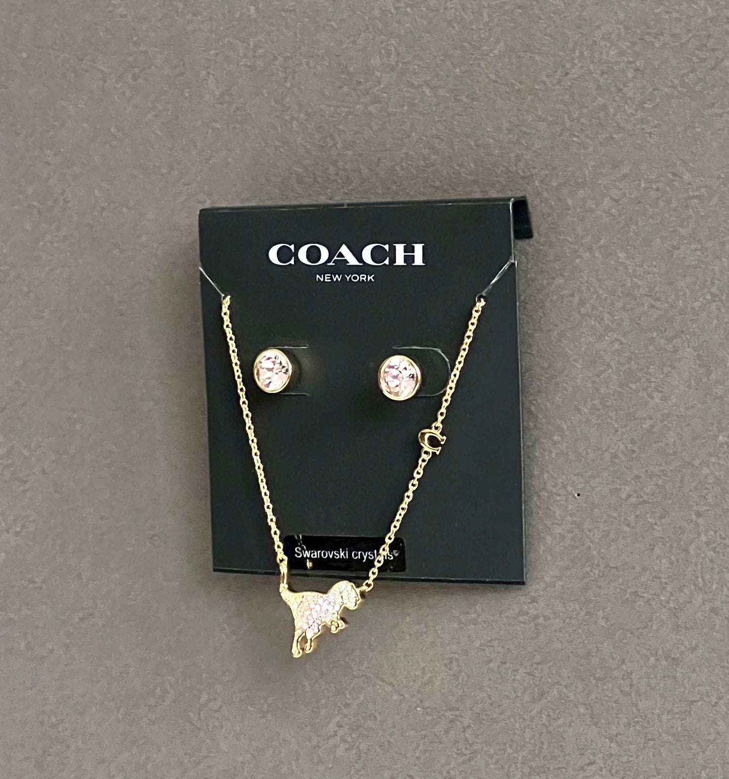 Coach Pave Rexy Pendant Necklace And Stud Earrings Set