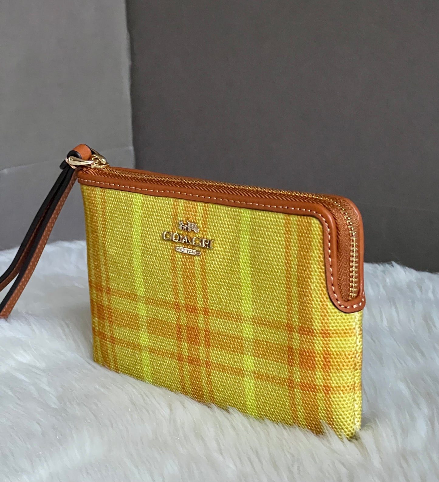 Coach Corner Zip Wristlet In Regenerative Cotton With Plaid Print