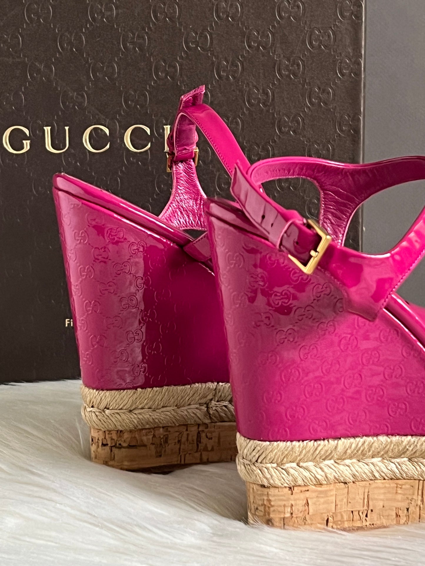 Gucci Vernice Crystal Platform Wedge Sandals