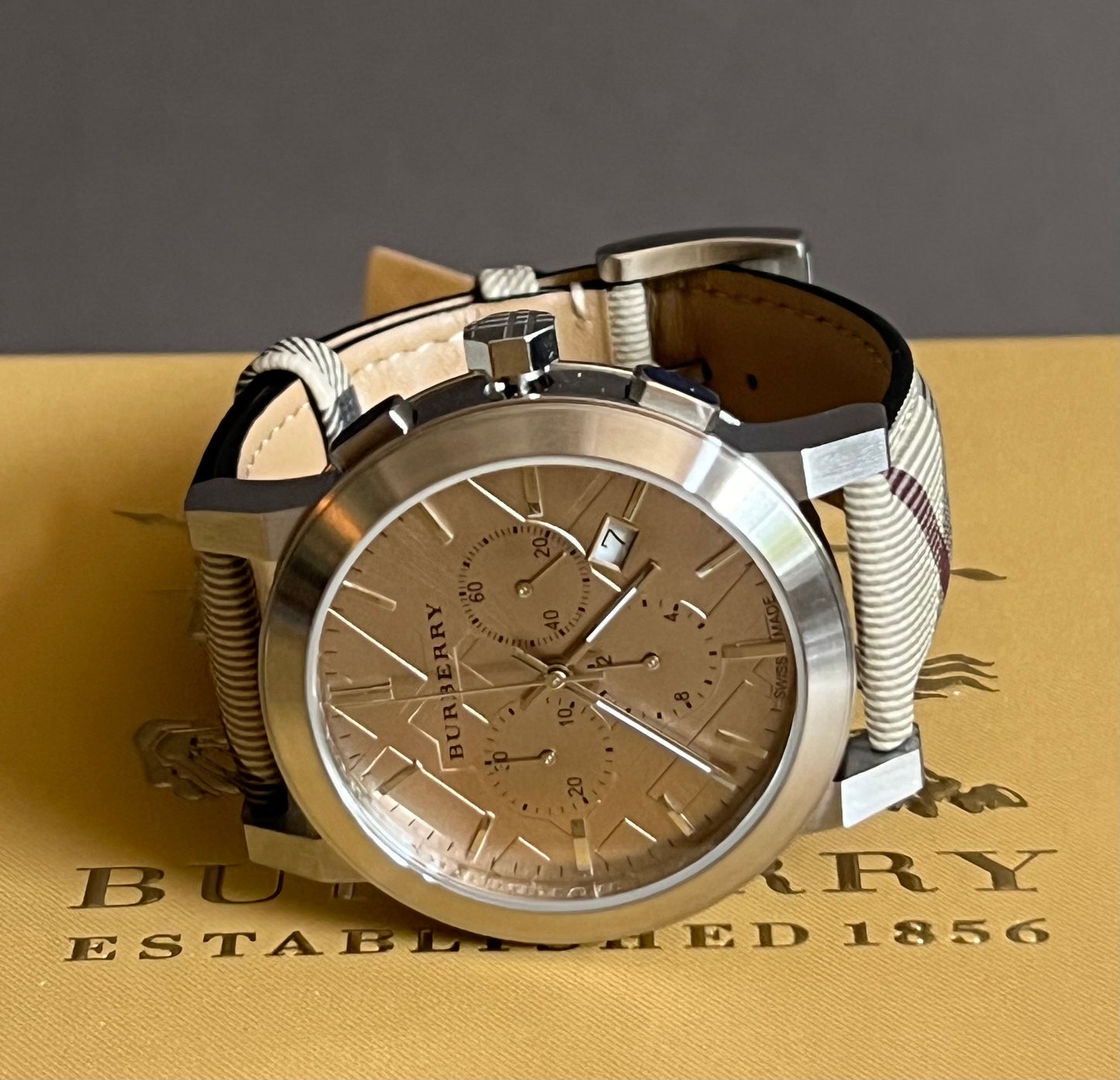 Burberry Men’s Swiss Chronograph Brown Impressed Check Fabric Strap Watch