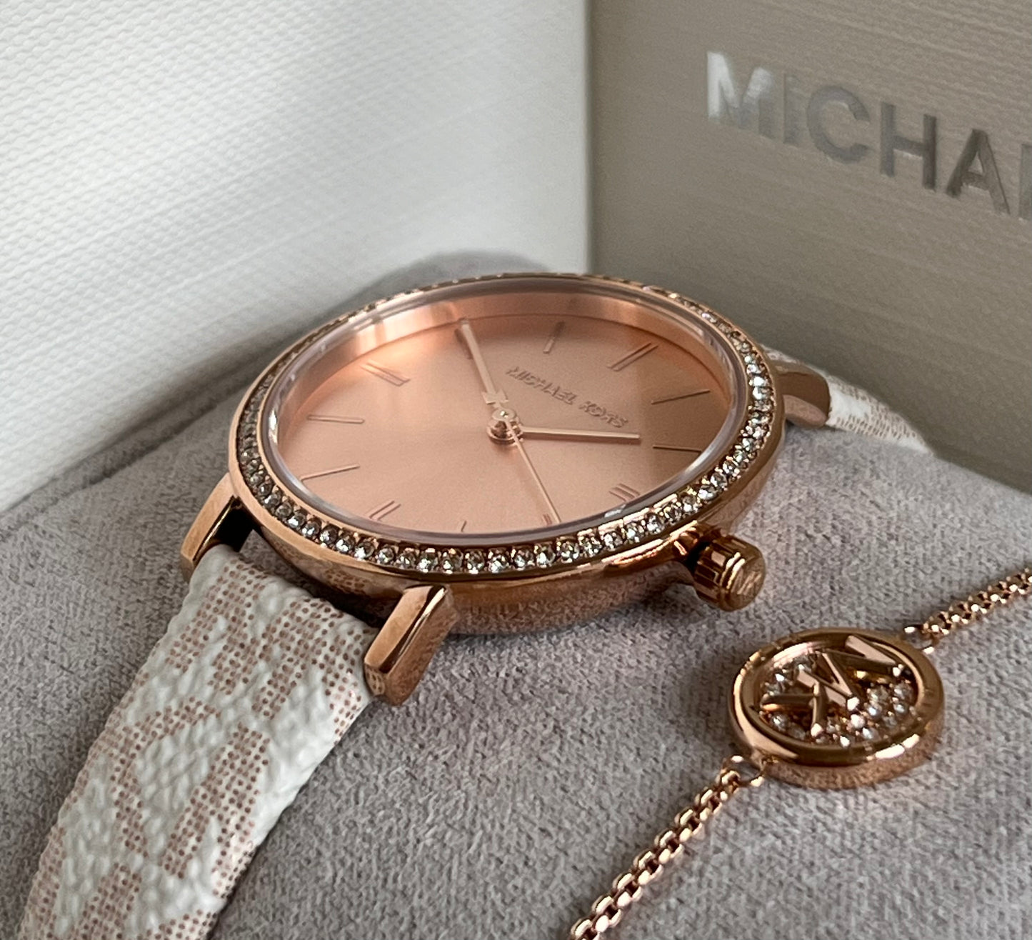 Michael Kors Three-Hand Rose Gold and Vanilla Metallic PVC Watch and Jewelry Set