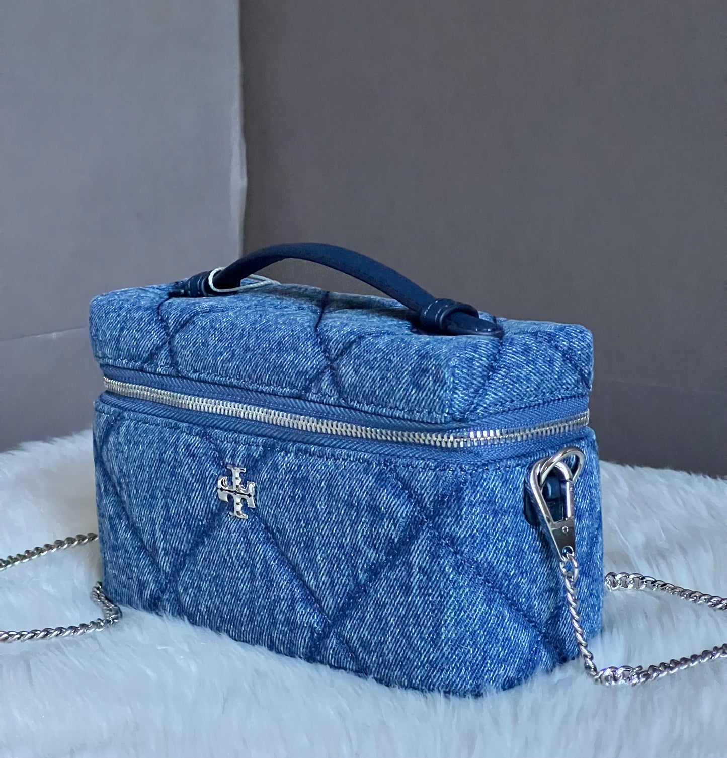 Tory Burch Kira Diamond Quilt Denim Vanity Case