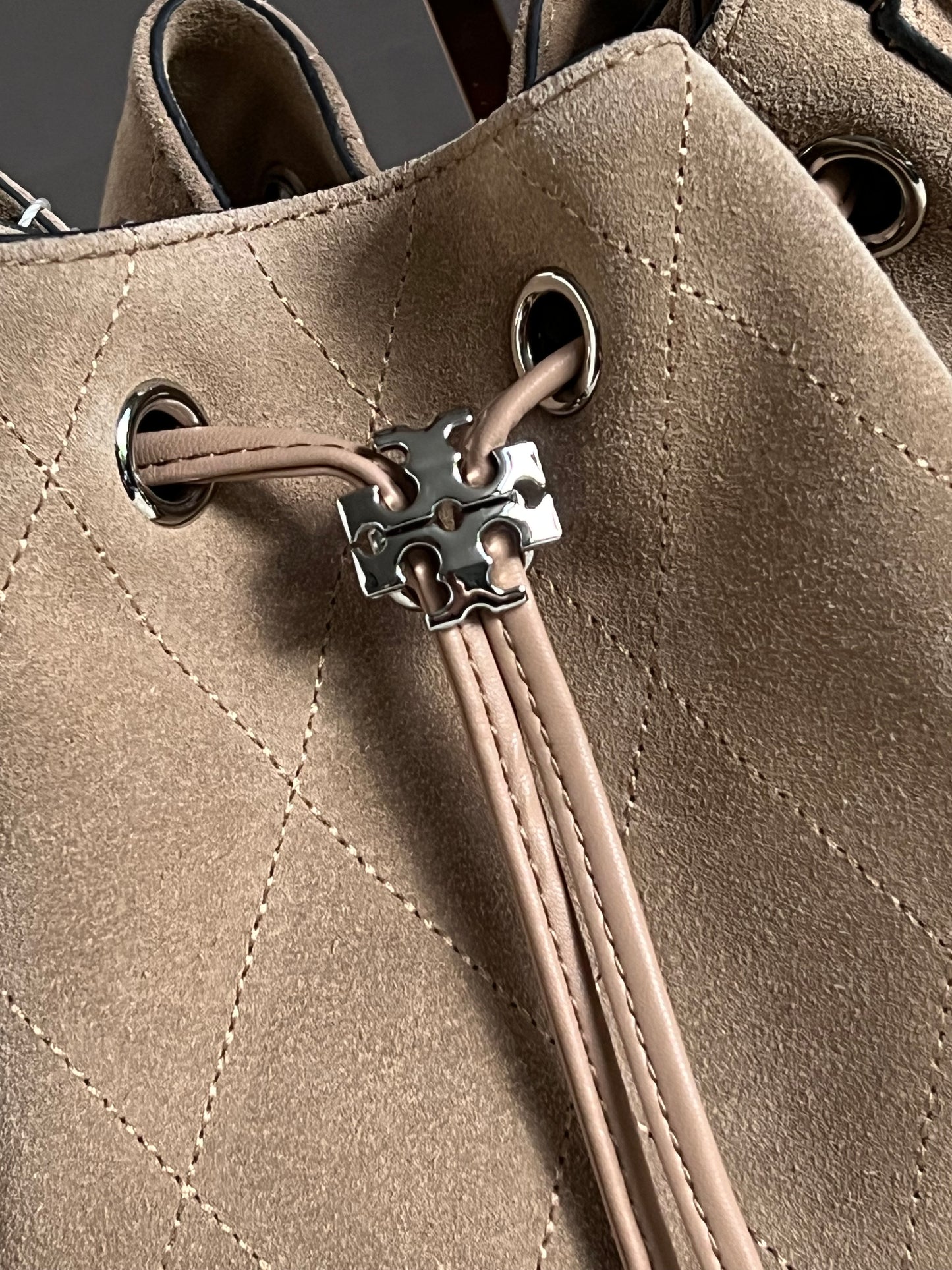 Tory Burch Charlie Quilted Suede Drawstring Shoulder Bag