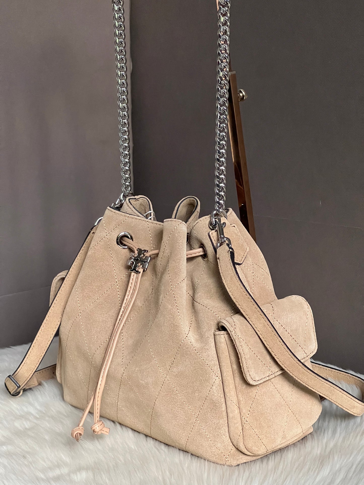 Tory Burch Charlie Quilted Suede Drawstring Shoulder Bag
