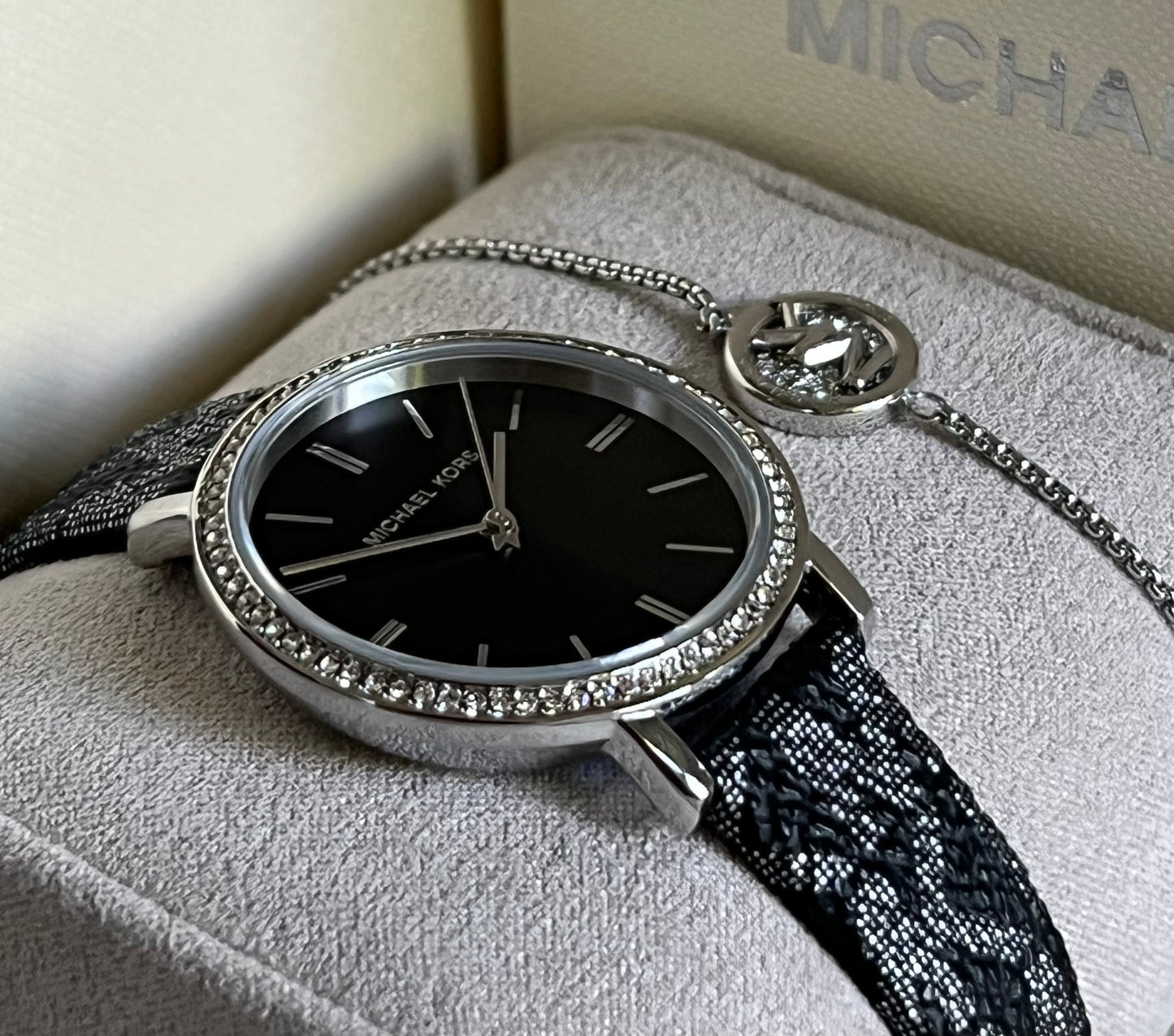 Michael Kors Three-Hand Black and Silver Metallic PVC Watch and Jewelry Set