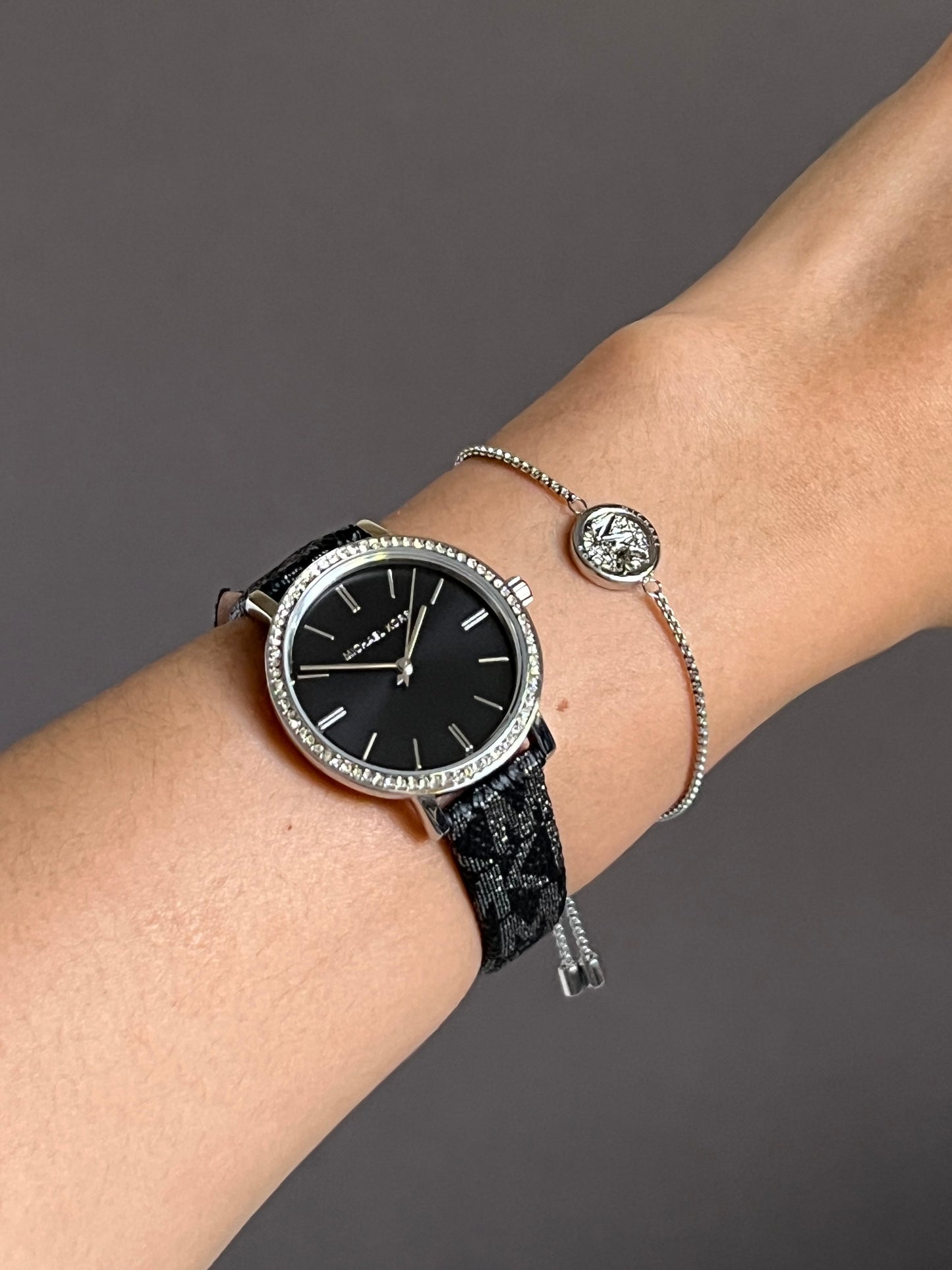 Michael Kors Three-Hand Black and Silver Metallic PVC Watch and Jewelry Set