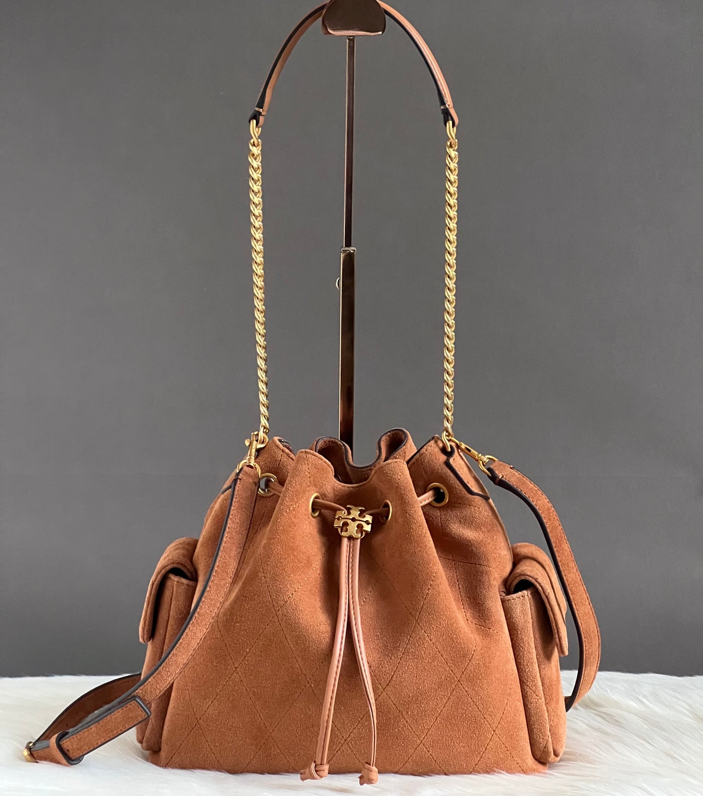 Tory Burch Charlie Quilted Suede Drawstring Shoulder Bag