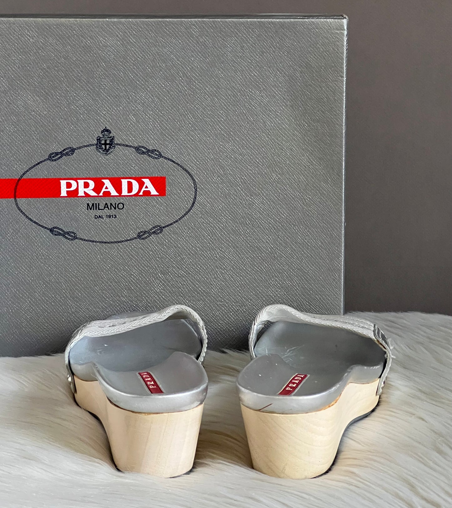 Prada Silver Wooden Mule Sandals