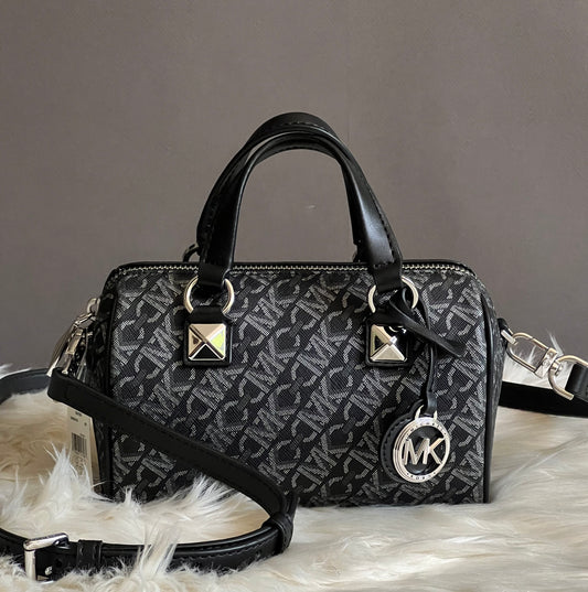 Michael Kors Grayson Small Metallic Empire Monogram Duffel Crossbody Bag