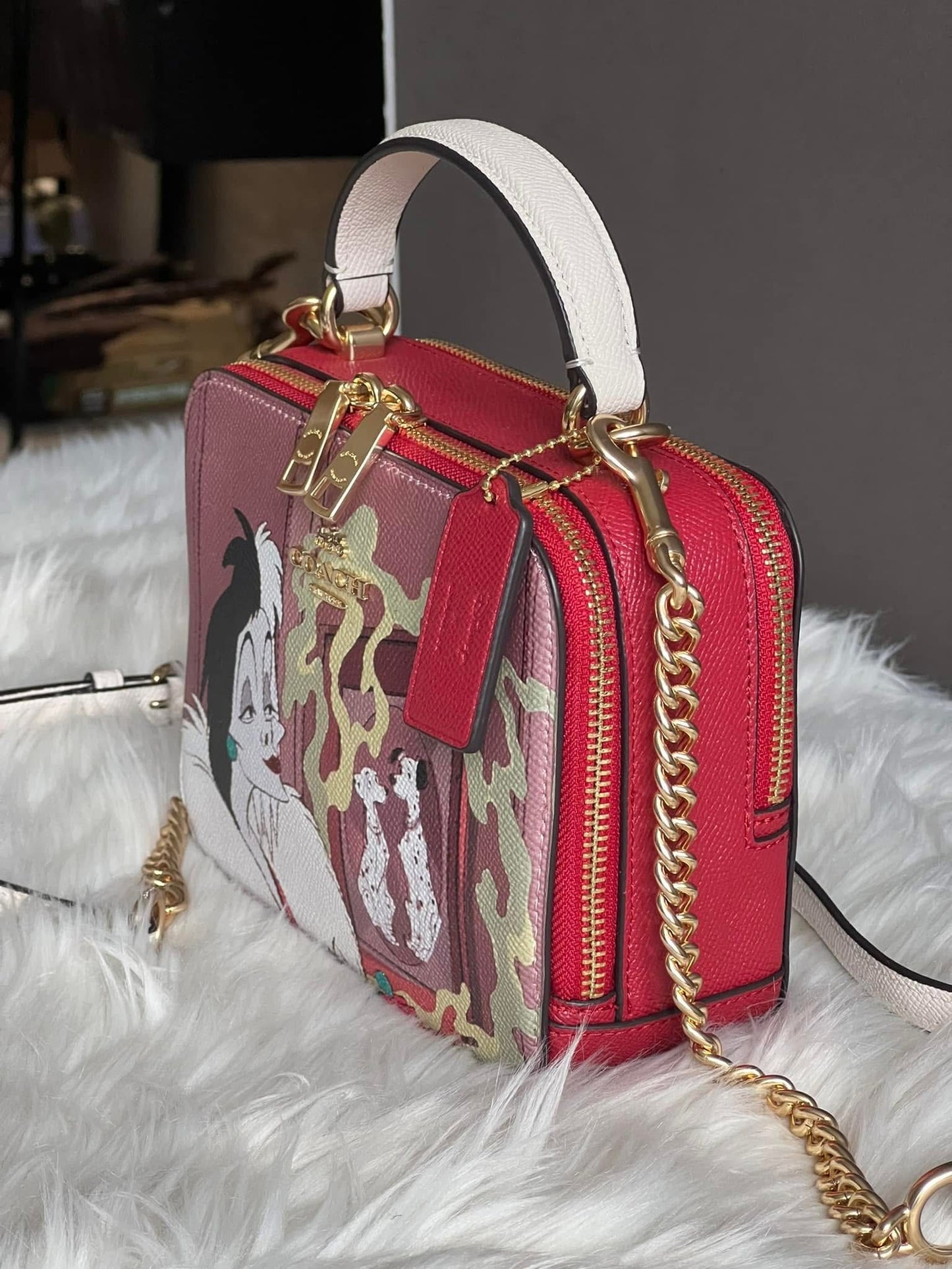 Disney X Coach Box Crossbody with Cruella Motif