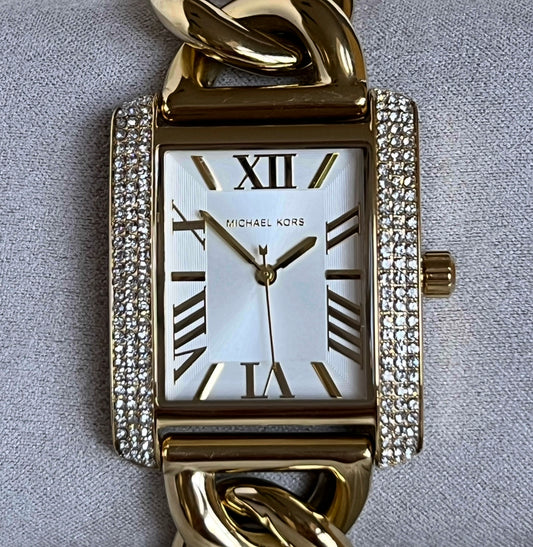 Michael Kors Women’s Oversized Emery Pavé Gold-Tone Curb Link Watch