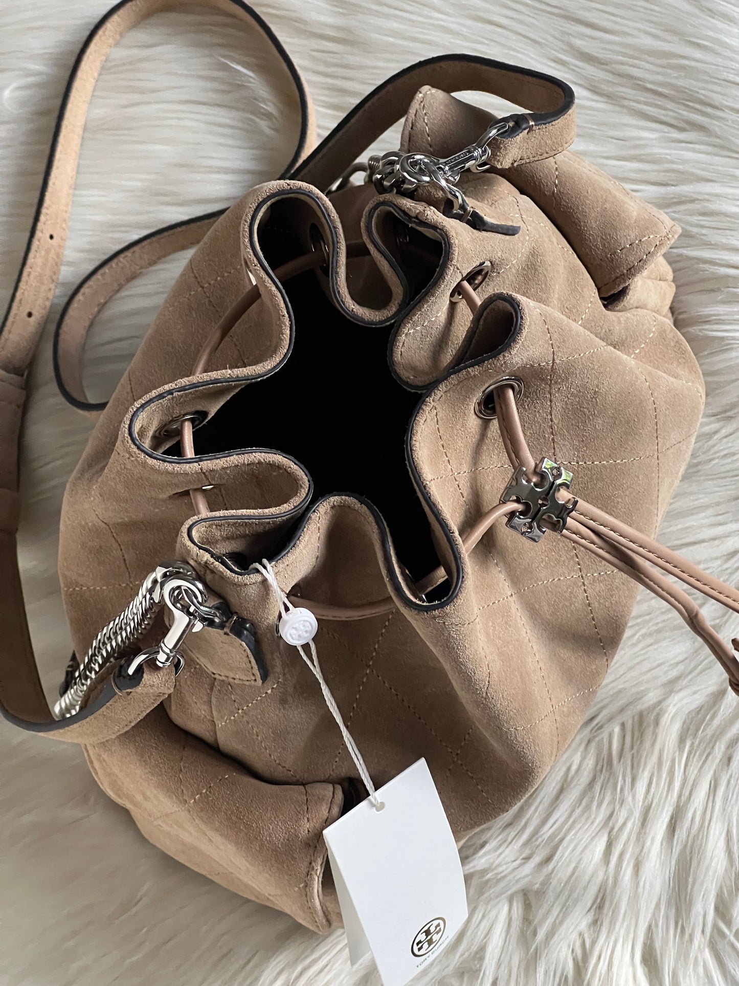Tory Burch Charlie Quilted Suede Drawstring Shoulder Bag