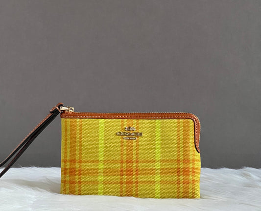 Coach Corner Zip Wristlet In Regenerative Cotton With Plaid Print