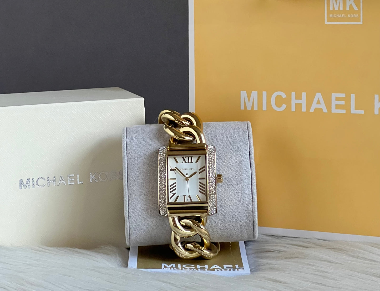 Michael Kors Women’s Oversized Emery Pavé Gold-Tone Curb Link Watch
