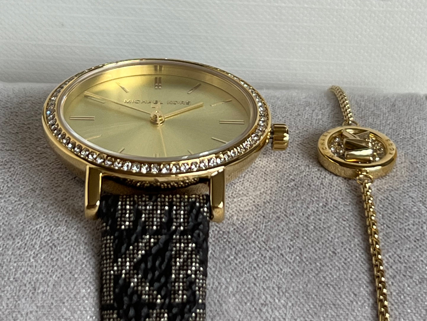 Michael Kors Women’s Addyson Quartz Crystal Gold Dial Ladies Watch and Jewelry Set