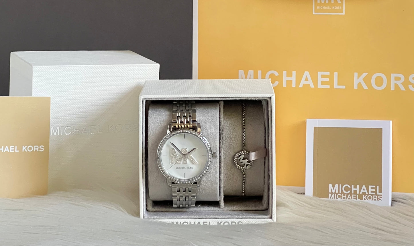 Michael Kors Women’s Three-Hand Stainless Steel Watch and Slider Bracelet Set