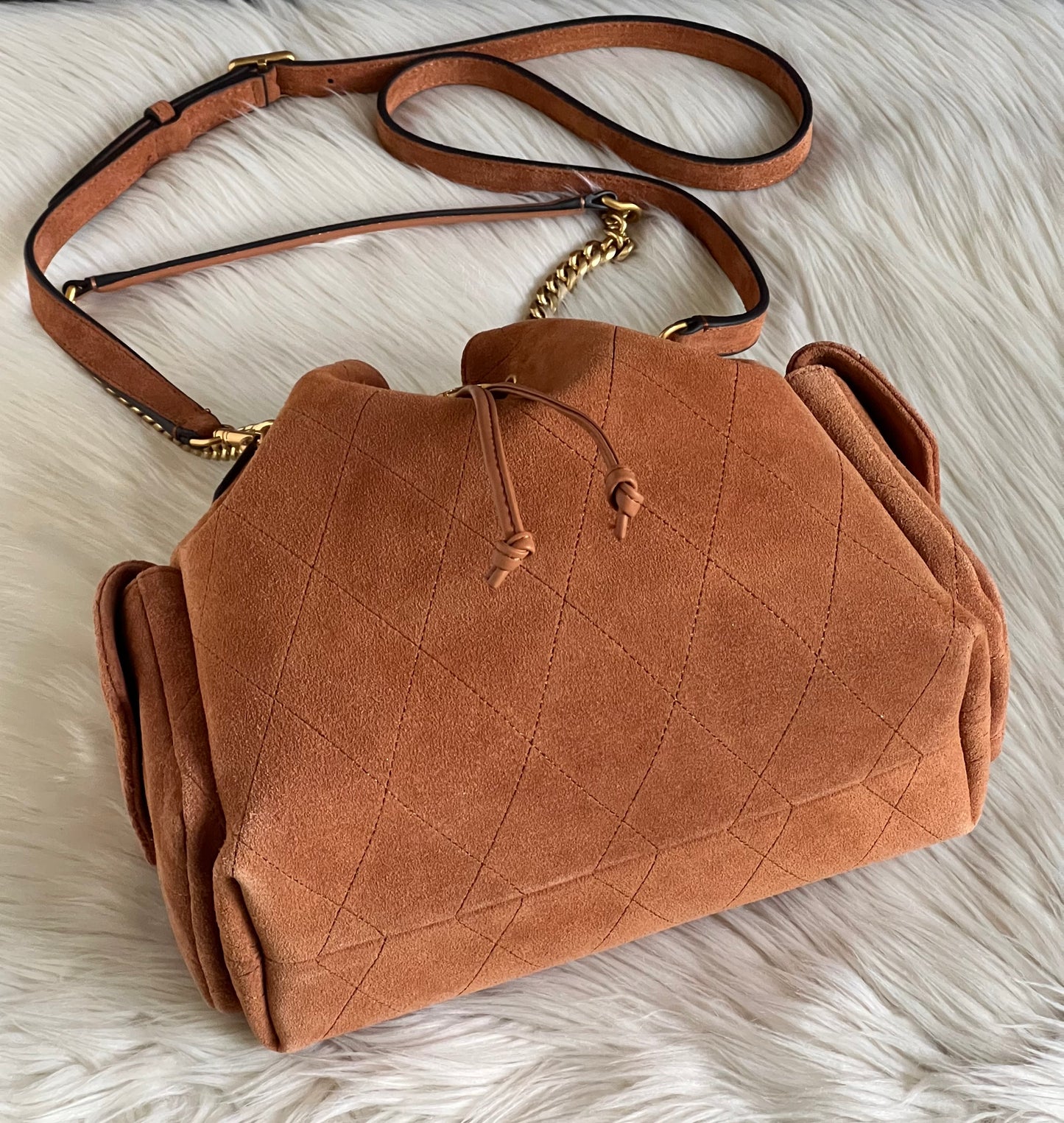 Tory Burch Charlie Quilted Suede Drawstring Shoulder Bag