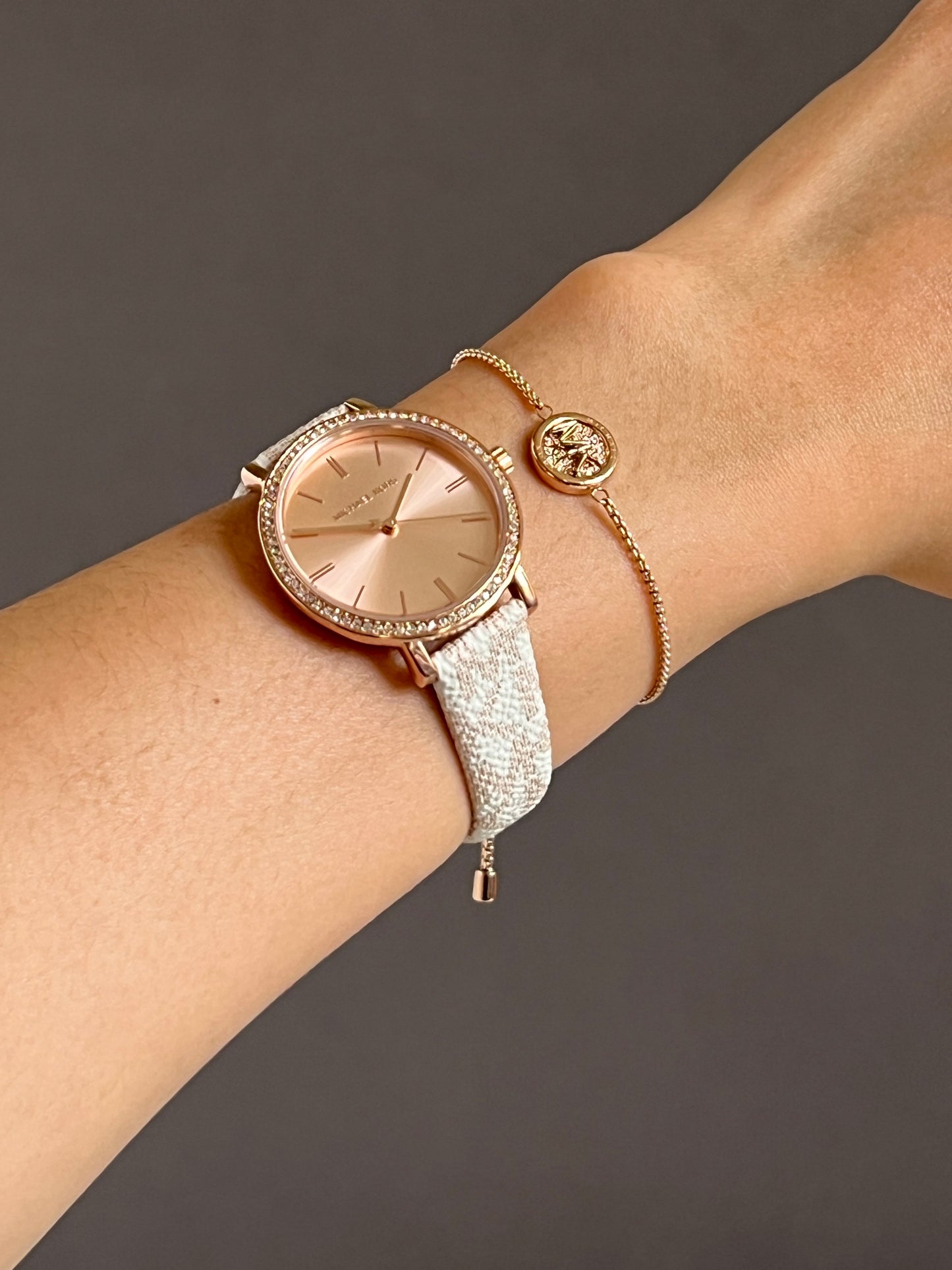 Michael Kors Three-Hand Rose Gold and Vanilla Metallic PVC Watch and Jewelry Set