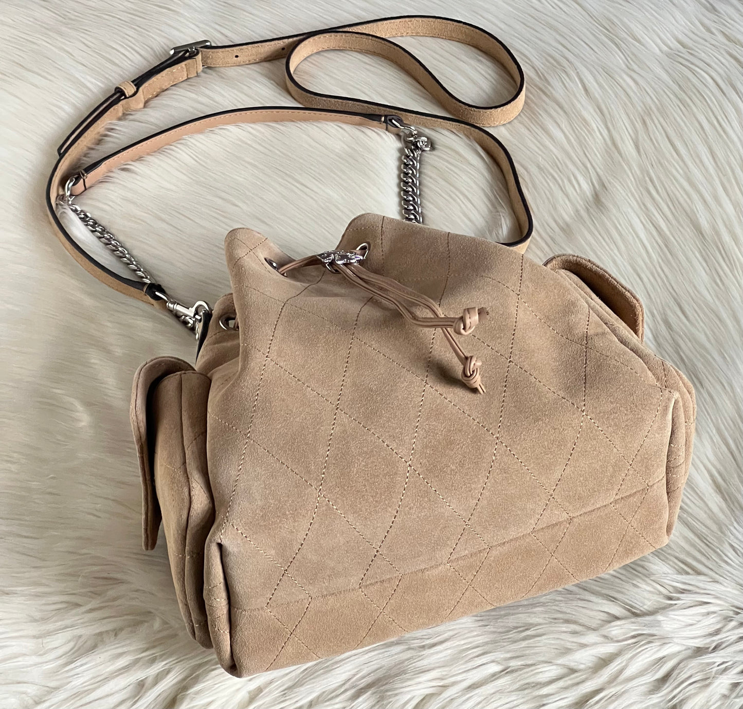 Tory Burch Charlie Quilted Suede Drawstring Shoulder Bag