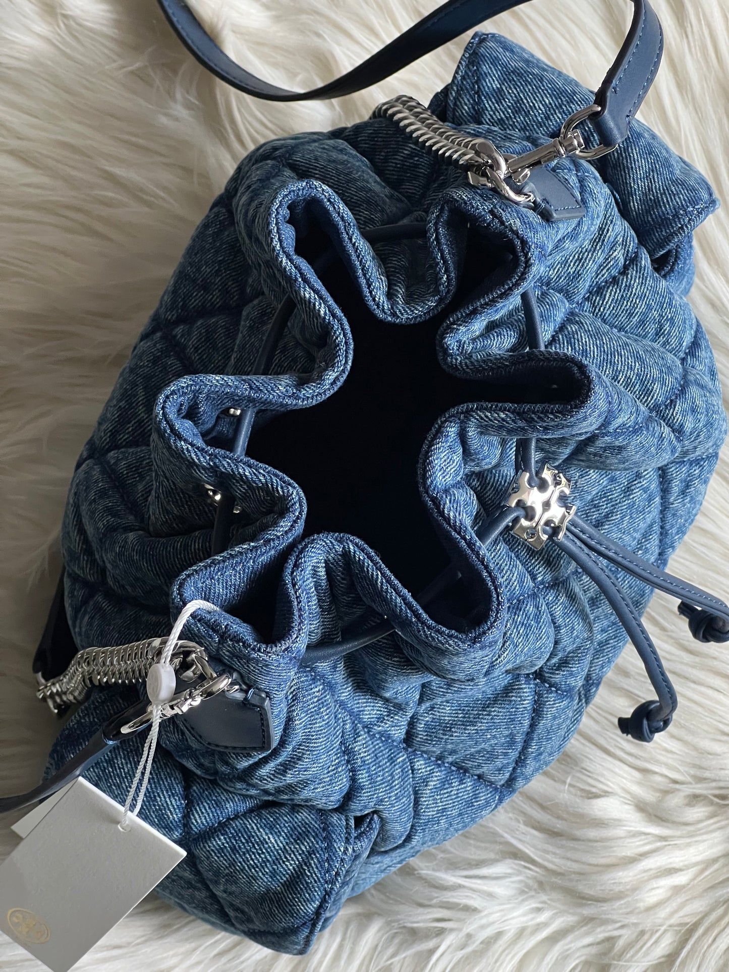 Tory Burch Charlie Quilted Denim Drawstring Shoulder Bag
