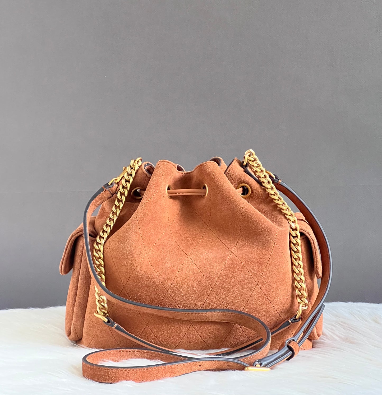 Tory Burch Charlie Quilted Suede Drawstring Shoulder Bag