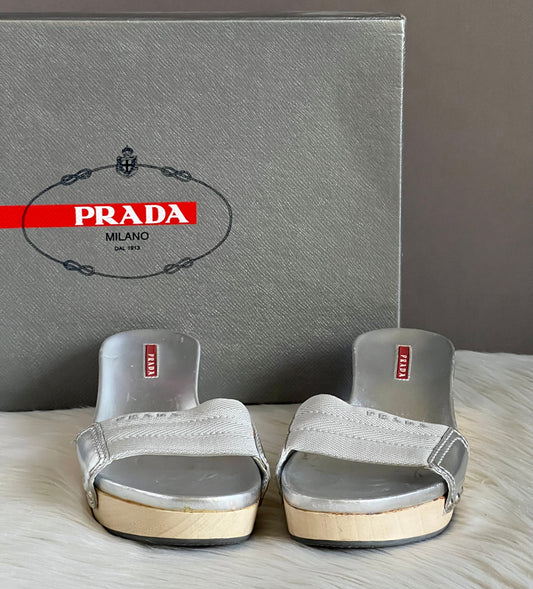 Prada Silver Wooden Mule Sandals