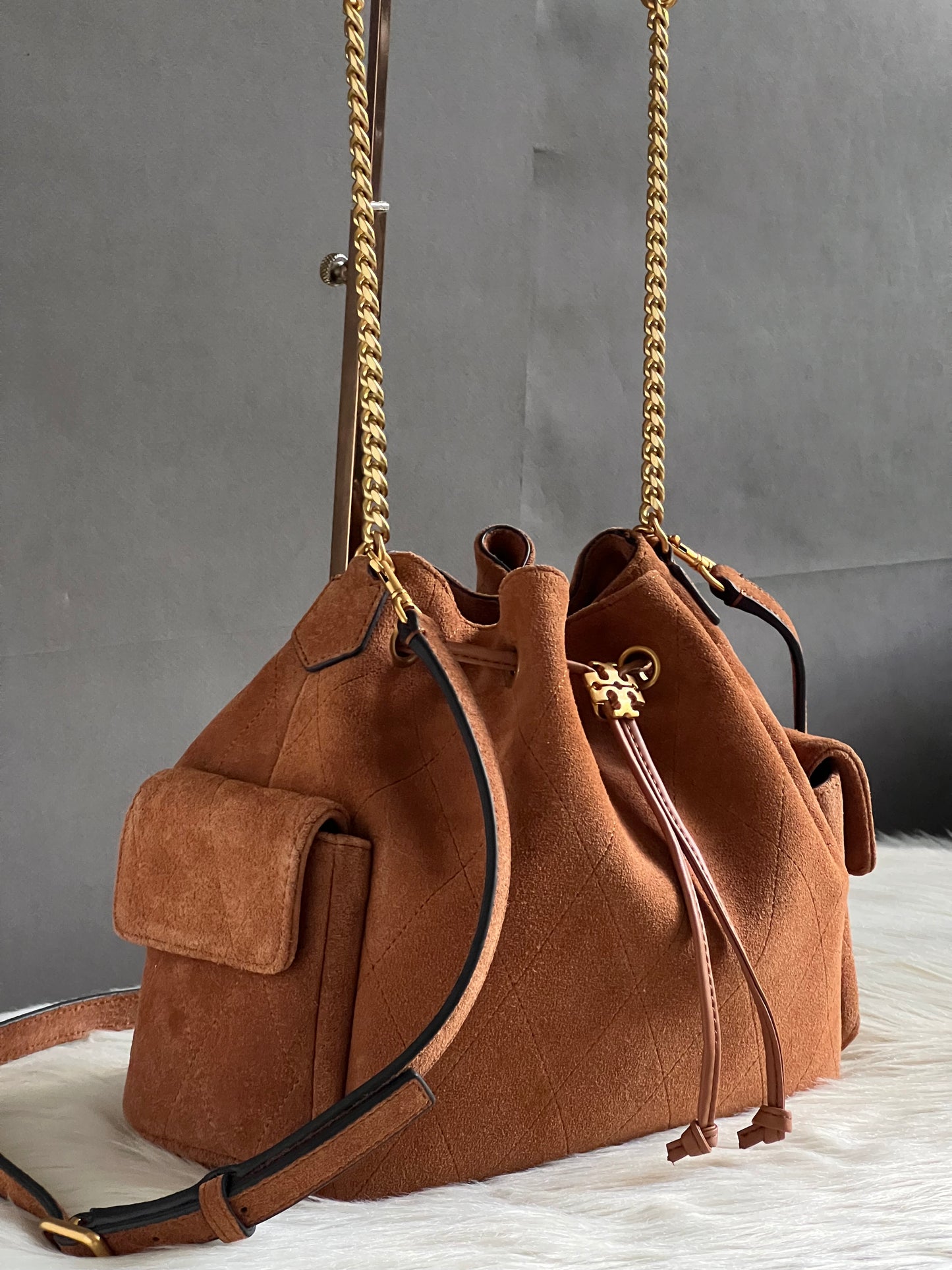 Tory Burch Charlie Quilted Suede Drawstring Shoulder Bag