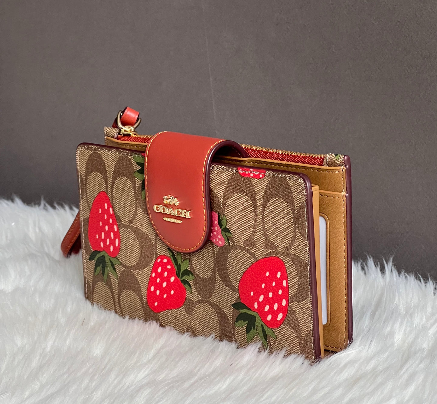 Coach Phone Wallet In Signature Canvas With Wild Strawberry Print