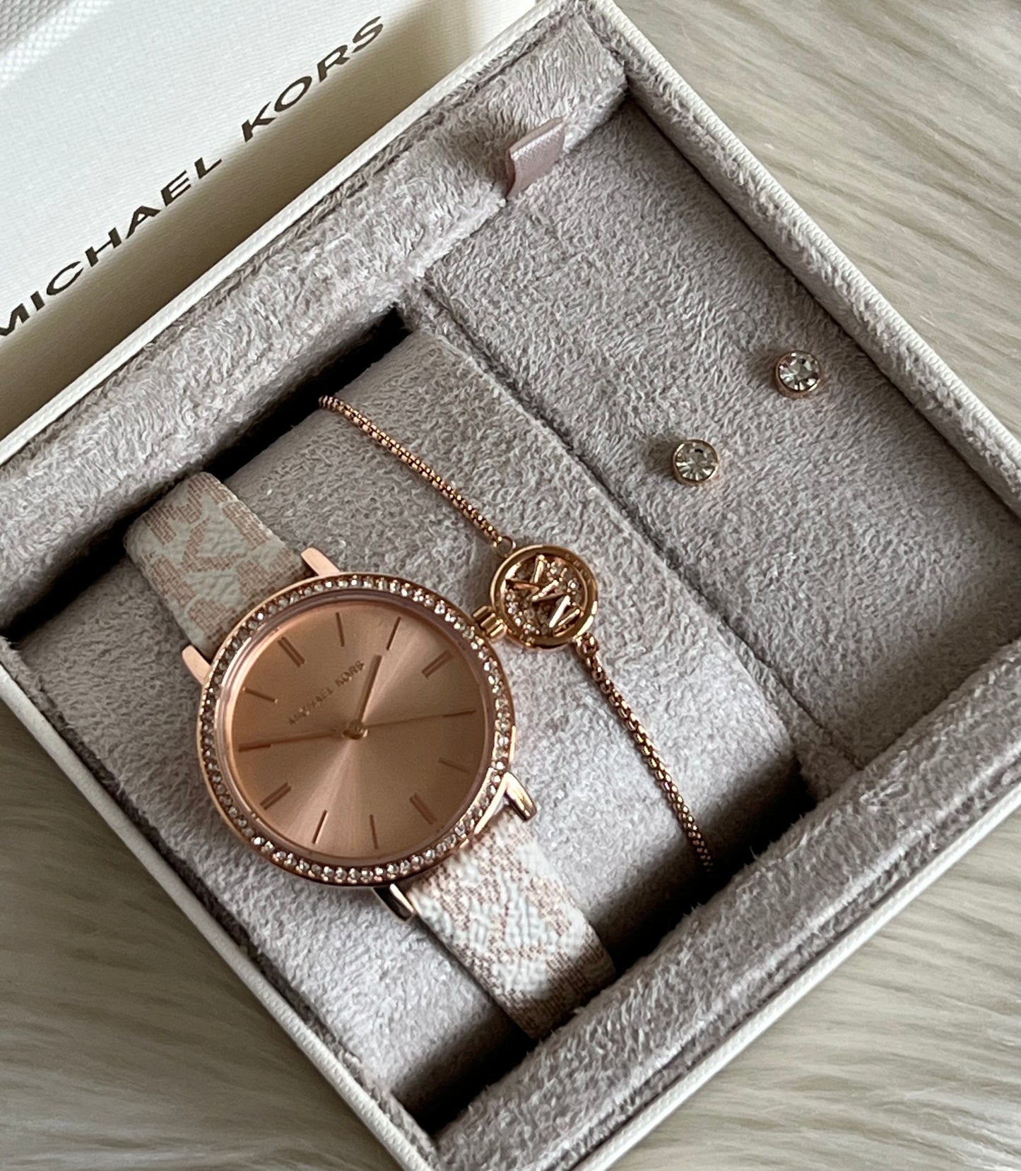 Michael Kors Three-Hand Rose Gold and Vanilla Metallic PVC Watch and Jewelry Set